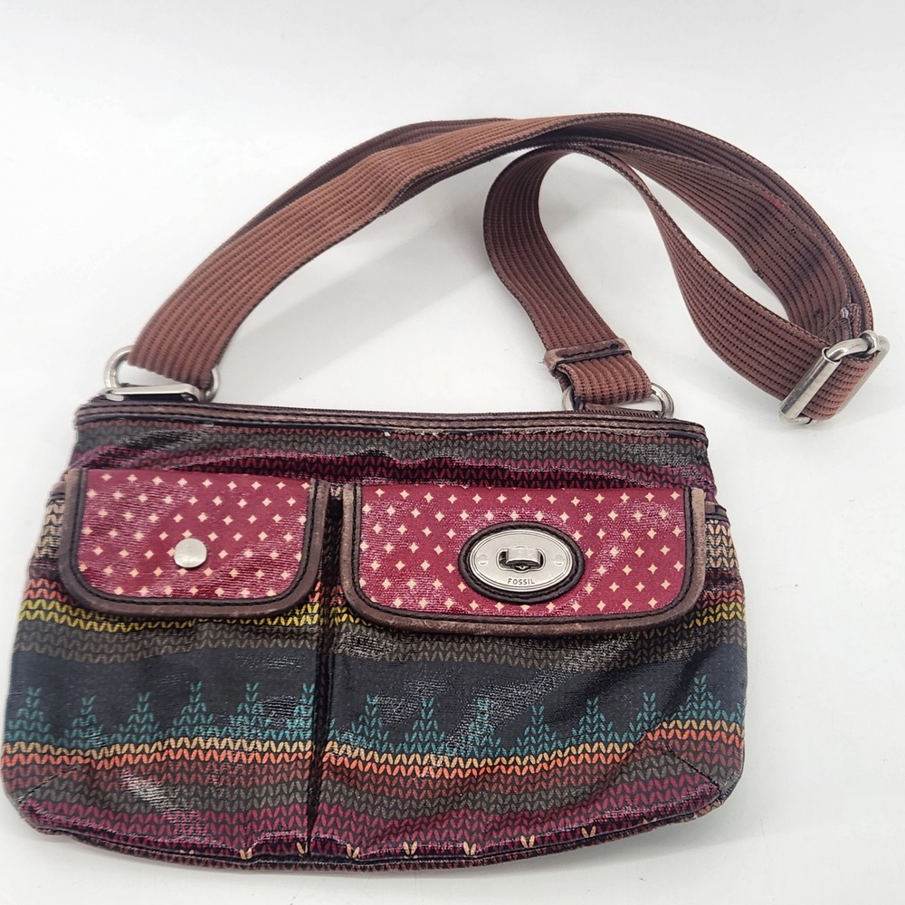 Fossil Key-Per Crossbody Bag Multi Color Coated Canvas Knit Print Small Purse